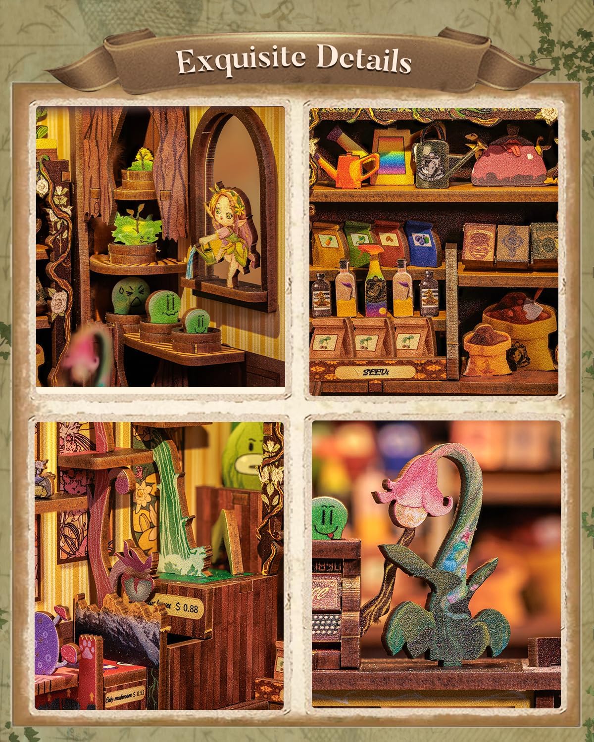 CUTEBEE Book Nook Kit - DIY Miniature House Kit for Beginners, Adults and Teens, Booknook Dollhouse Tiny House Bookshelf Decor 3D Wooden Puzzle Gifts for Family and Friends (Fantasy Plant Shop)