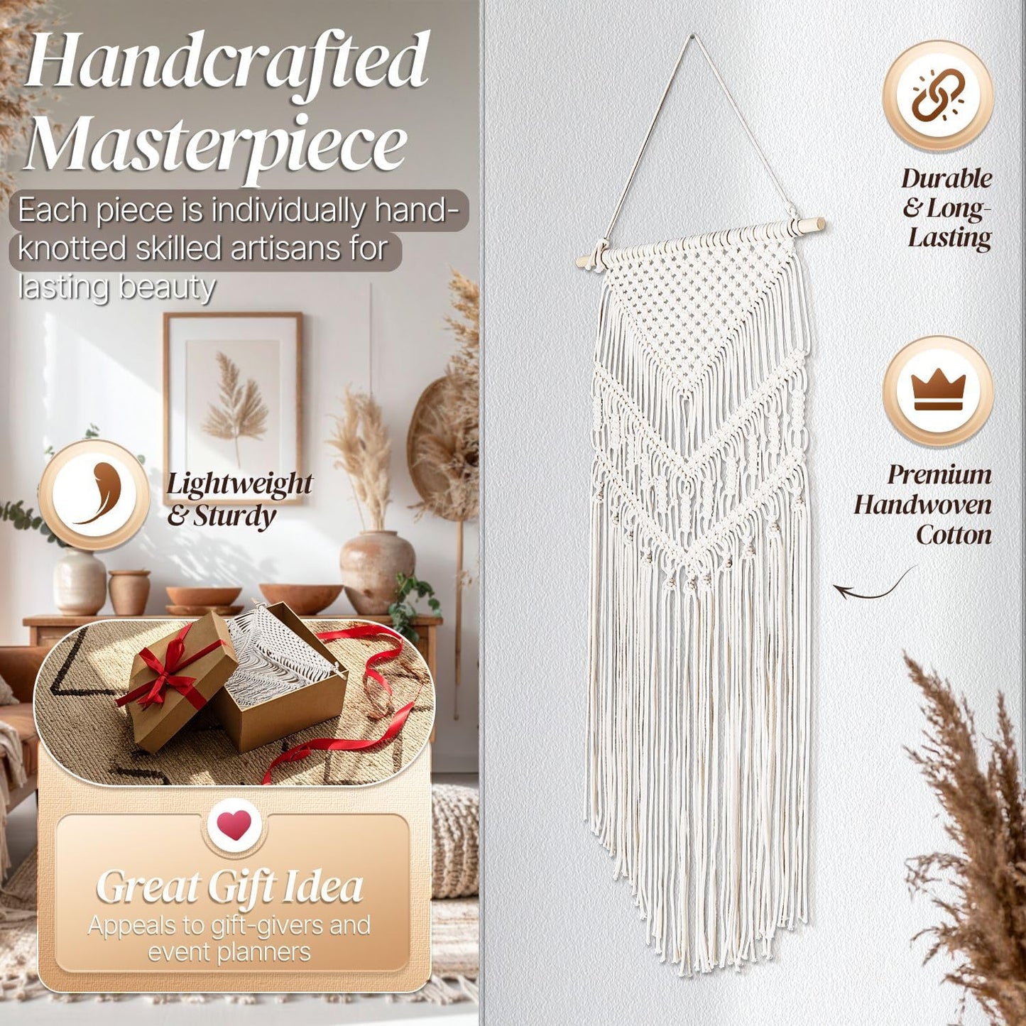 Flexzion Macrame Wall Decor Hanging Boho Hand Woven Tapestry Art Bunting Banner Bohemian Wall Decor for Home Bedroom Living Room Curtain Rustic Hippie Garland Baby Nursery, 33 Inch Cream White Cotton