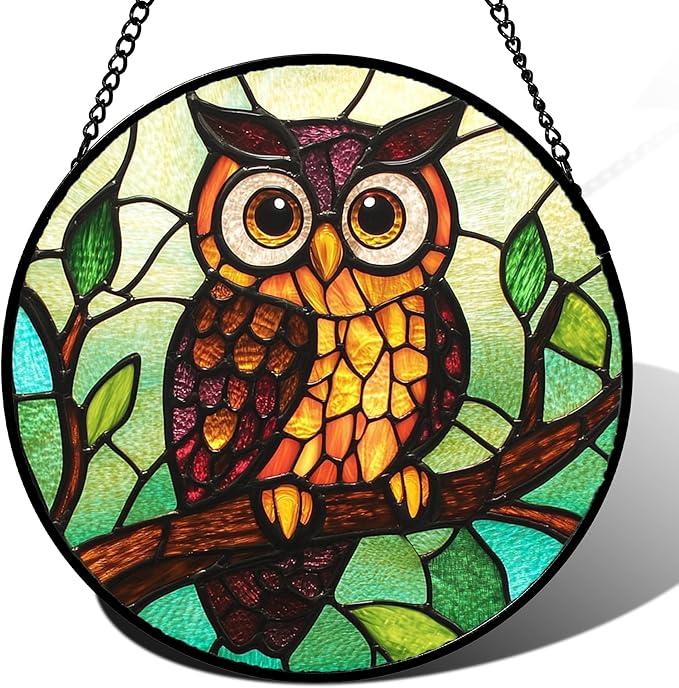 Stained Glass Window Hanging - Owl on a Branch Suncatcher for Doors Window Home Orange Brown Sun Catchers Decor Christmas Mother's Day Birthday Gifts for Teacher Women Men Mom Nana 7.8 in