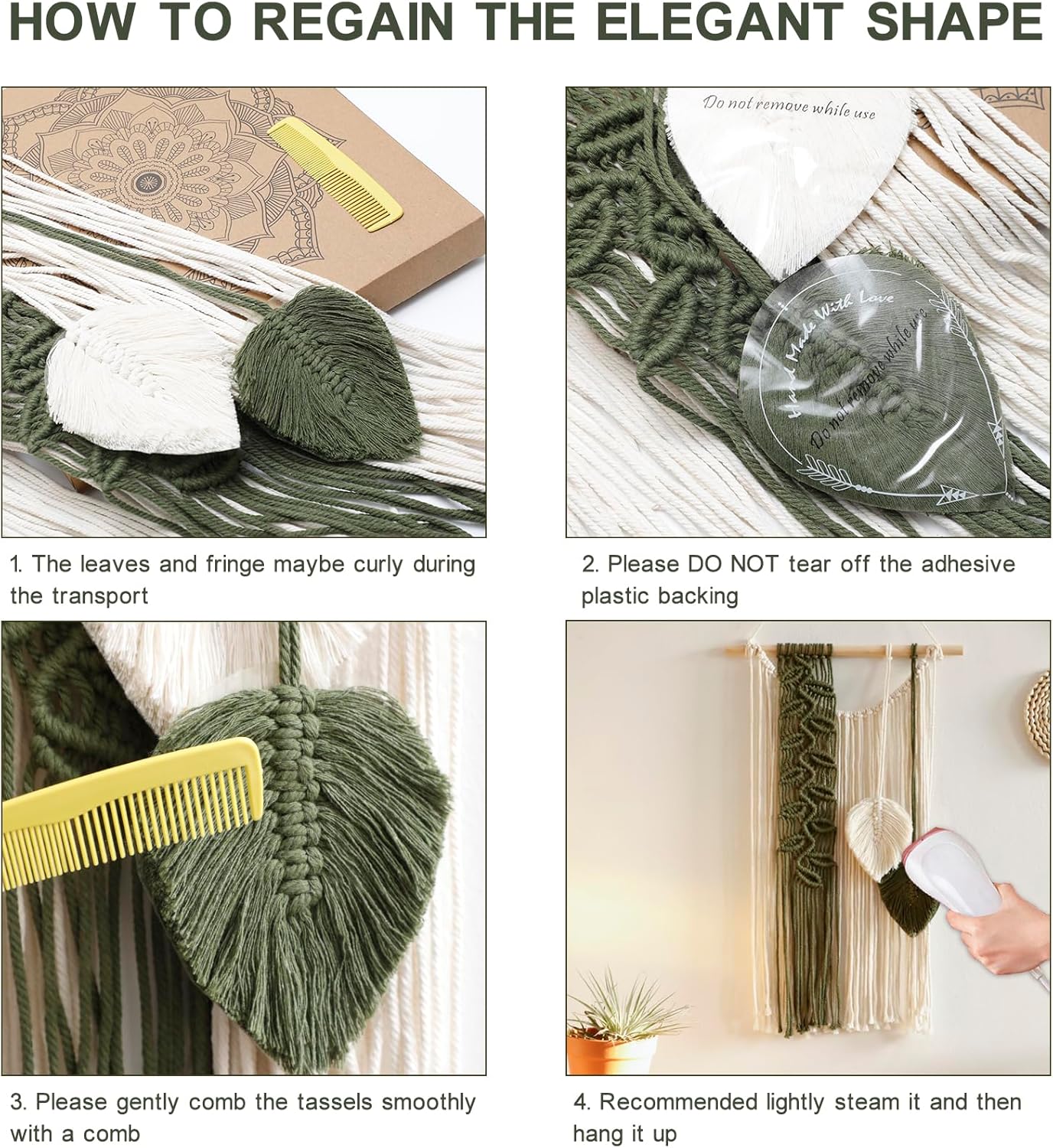 Macrame Leaves Tapestry Wall Decor- Bohemian Woven Tapestries Green Leaves Wall Art, Large Boho Tassels Hanging Ornament Western Room Decor for Bedroom Living Room Dorm