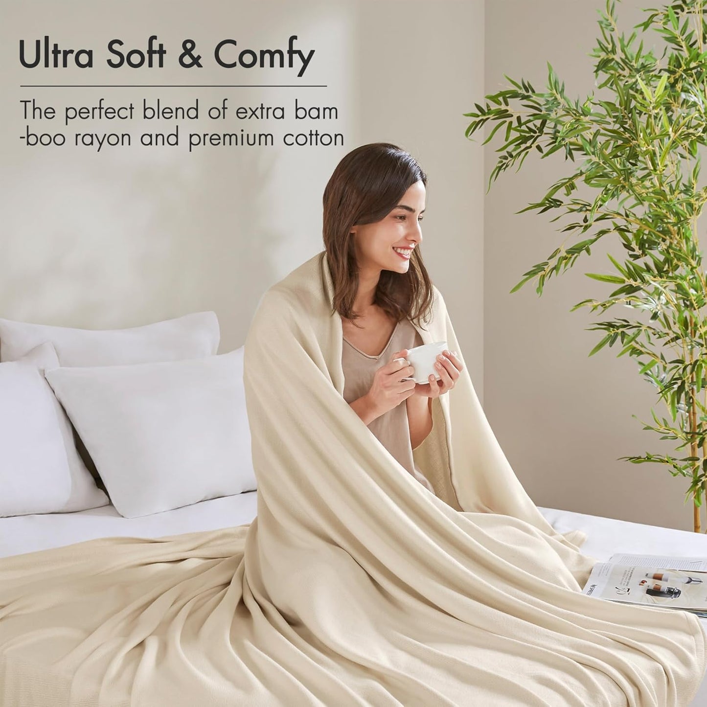 Madison Park Twin Size Blanket, 70% Rayon Bamboo-Based, 30% Cotton, Breathable for Hot Sleepers Menopause, Ultra Soft and Snag-Resistant, Summer Blanket for Bed or Couch, Twin 66"x90", Ivory