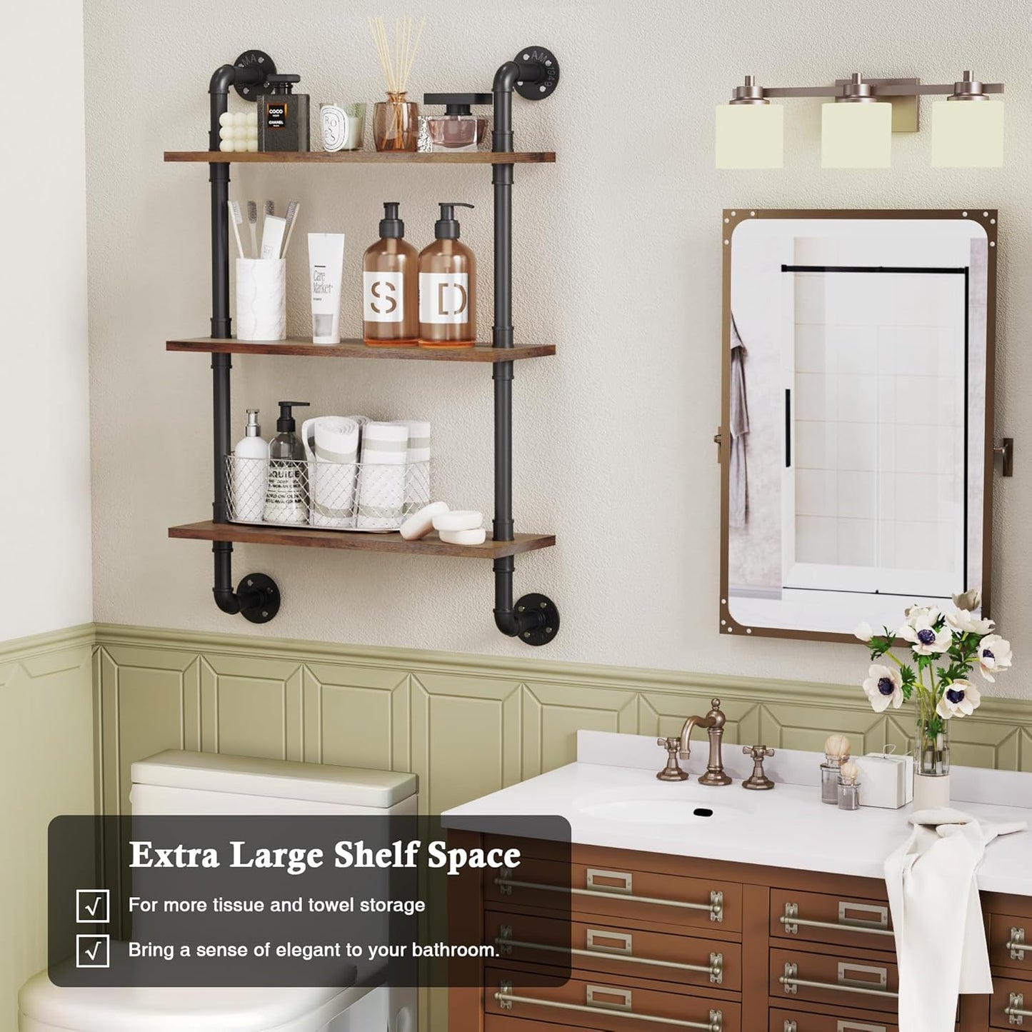 Merapi 24" Industrial Floating Shelves, Pipe Shelves for Wall, 3 Tier Rustic Wood Wall Shelves for Home Décor, Bedroom, Living Room, Bathroom…