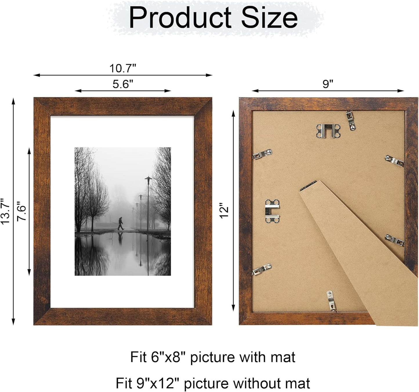 iRahmen 9x12 Picture Frame Set of 4 with Tempered Glass, Wooden Rustic Frame Display 6x8 Pictures with Mat or 9 x 12 Without Mat, Photo Frame for Wall Mount and Tabletop Display