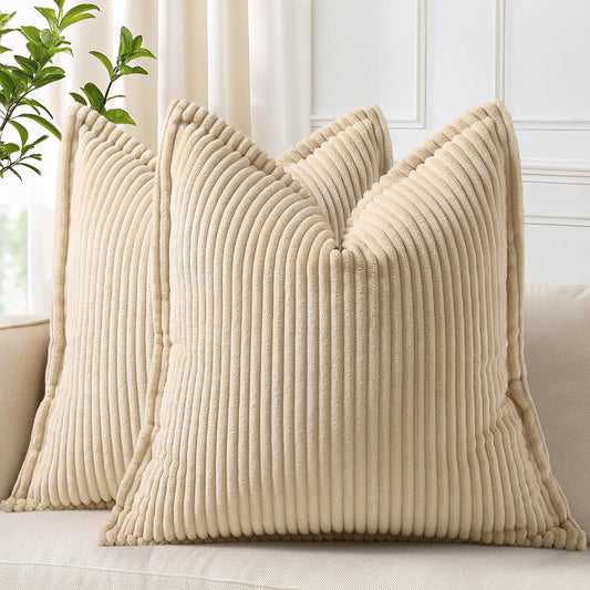 decorUhome Corduroy Beige Throw Pillow Covers 26x26 Set of 2 Decorative Soft Boho Farmhouse Euro Couch Pillow Covers for Living Room Bed Sofa Broadside Striped Pillow Cases