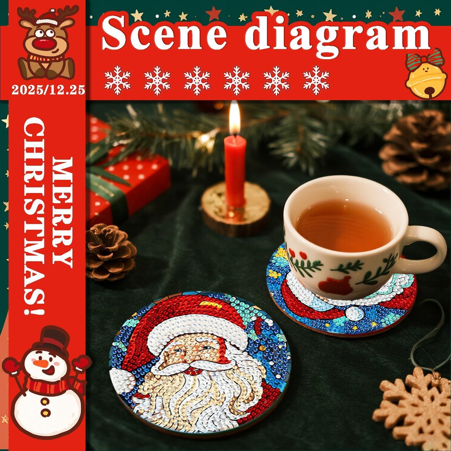 DOTSOPS 8 Pcs Diamond Art Coasters with Holder for Adults Beginners Diamond Craft for Christmas Birthday Gifts (Santa Claus)