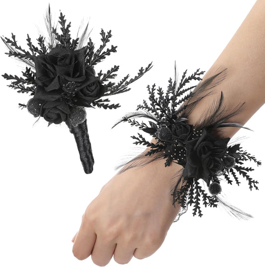 Corsage and Boutonniere Set - Black Wristlet for Men Prom Dark Wrist Corsage for Goth Wedding Ceremony