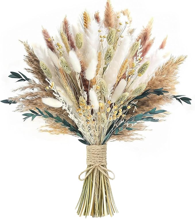 xin's convey 126pcs Dried Pampas Grass Decorations, (Vase Not Included), Dried Flowers Bouquet, Reed Grass Bouquet for Boho Floral Wedding, Bedroom, Rustic Farmhouse Decor.