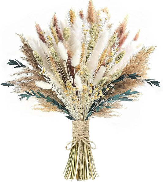 xin's convey 126pcs Dried Pampas Grass Decorations, (Vase Not Included), Dried Flowers Bouquet, Reed Grass Bouquet for Boho Floral Wedding, Bedroom, Rustic Farmhouse Decor.