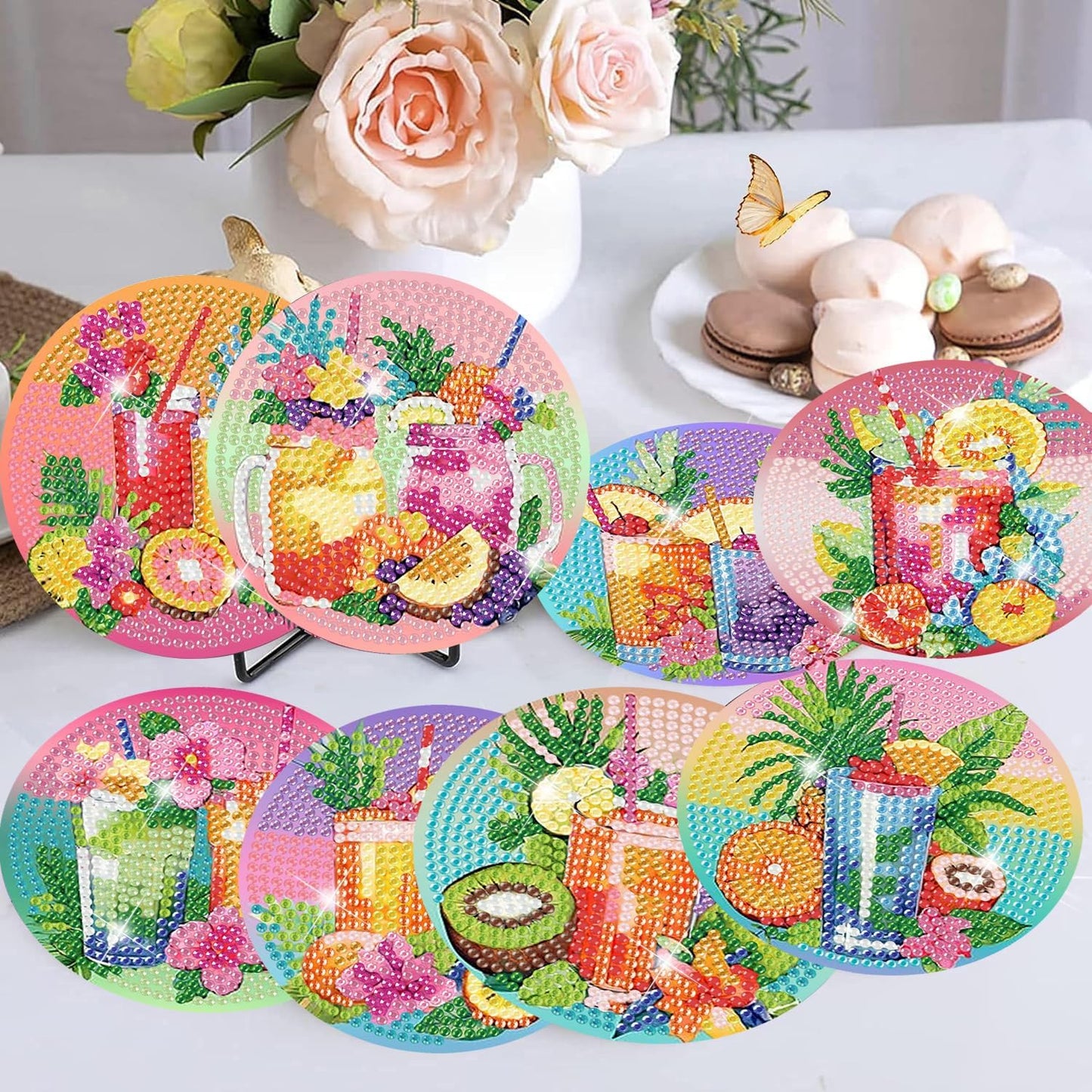 Meothan 8 Pcs Diamond Art Coasters Kits for Adults with Holder Cork Pads, Diamond Dots Art Painting Coasters Crafts Kit for Home Office Decor (Summer Cocktails)