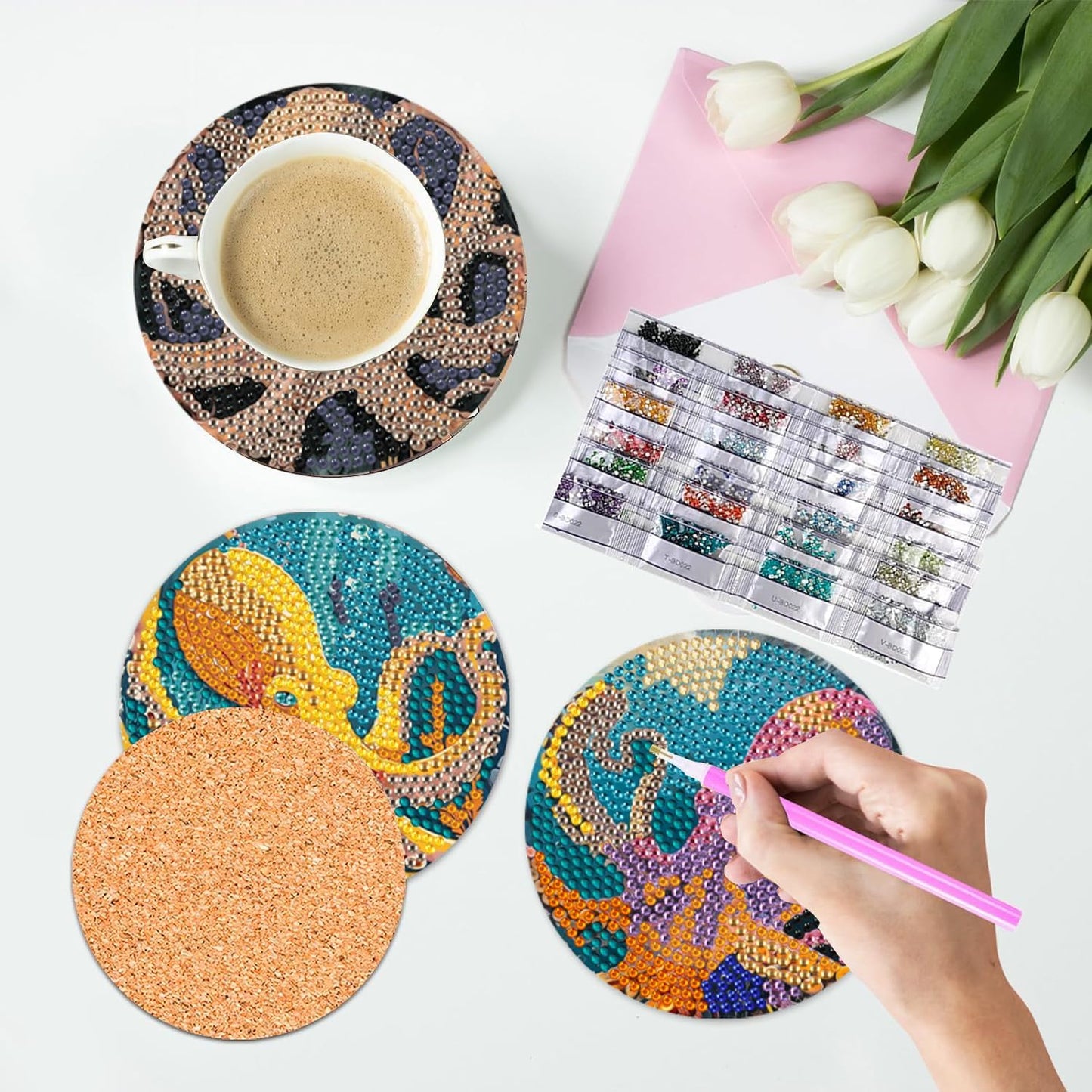 Leatrice 8 Pcs Octopus Diamond Art Coasters Small Diamond Painting Kits for Adults Beginners Women, Gem Art Coasters with Holder, Funny DIY Crafts for Home Decor