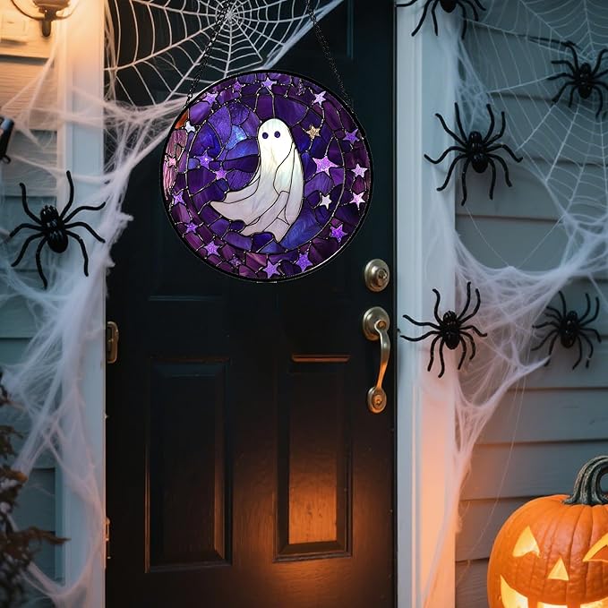 Stained Glass Window Hanging - Halloween Decoration Purple Star White Ghost Suncatcher for Doors Garden Indoor Spooky Sun Catchers Gothic Decor Horror Gifts for Women Men Friend 15 in