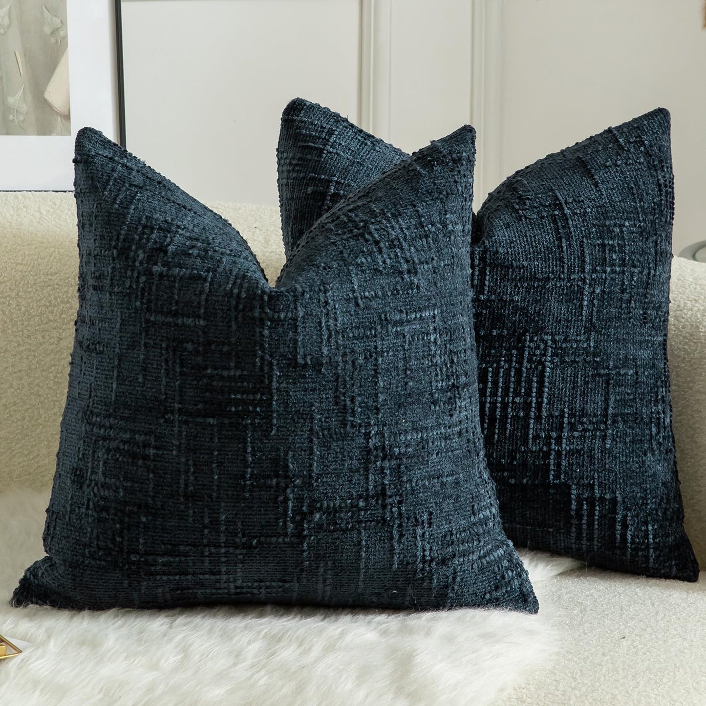 MANDIOO Pack of 2 Soft Chenille Textured Throw Pillow Covers Square Accent Solid Decorative Cushion Cover Cozy Farmhouse Pillow Case for Couch Sofa Bed Living Room 22x22 Inch Dark Blue