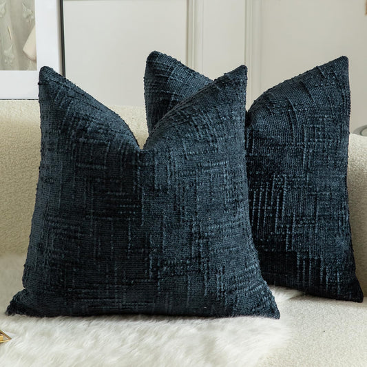 MANDIOO Pack of 2 Soft Chenille Textured Throw Pillow Covers Square Accent Solid Decorative Cushion Cover Cozy Farmhouse Pillow Case for Couch Sofa Bed Living Room 22x22 Inch Dark Blue