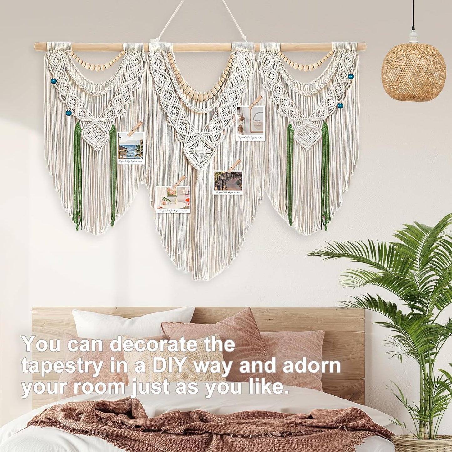Gliterra Large Macrame Wall Hanging Handmade Boho Tapestry 43"x32" - Wall Art Decor with Wooden Beads & Rod for Living Room, Bedroom, Wedding (Includes 3-Color Beads, Clips & Green Cotton Rope)