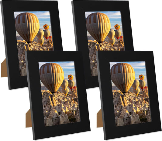 iRahmen 5x7 Picture Frame Set of 4, High Definition Glass Black Picture Frame, 5 x 7 Wood Rustic Photo Frames for Horizontal or Vertical Table Top and Wall Mounting