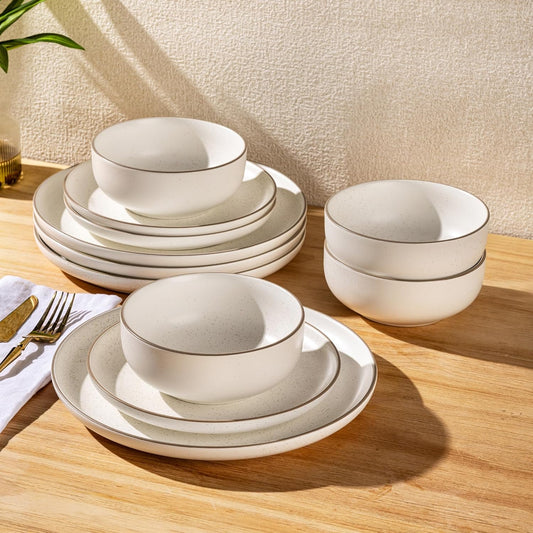 GBHOME Dinnerware Set for 4, GBHOME 12 Pieces Handmade Speckled Glaze Plates and Bowls Sets, Modern Style Scratch Resistant Stoneware Dishes Set, Dishwasher & Microwave Safe