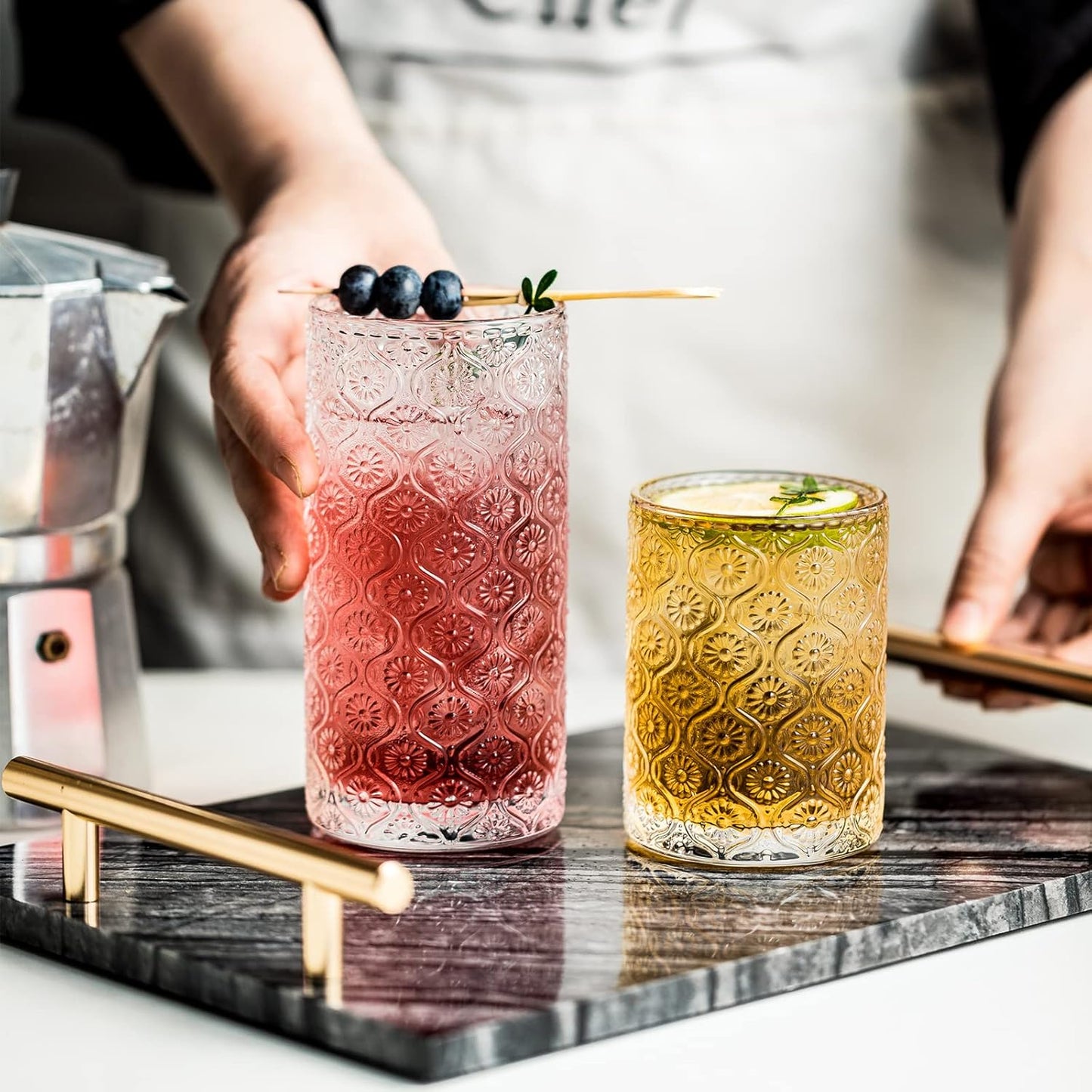 Glass Cups Vintage Glassware Set of 4, Drinking Glasses 9oz, Embossed Pattern Style Transparent Cocktail Glasses Set, for Ice Coffee,Juice,Beer,Bar Beverages,Drinkware, Transparent (S)