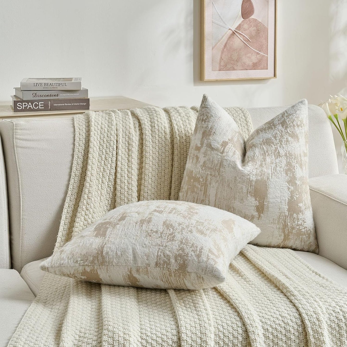 FUTEI Brown White Decorative Throw Pillow Covers 26x26 Inch Set of 2,Soft Faux Cashmere Jacquard - Textured & Cozy Euro Pillow Shams,Modern Home Decor for Couch Bed Living Room