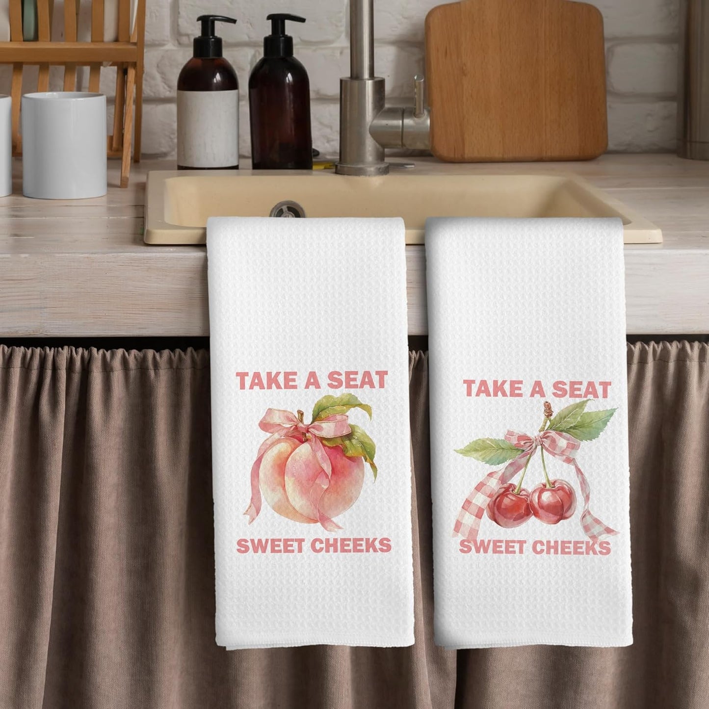 Funny Kitchen Towels - Humor Sarcastic Trendy Preppy Dish Towels, Coquette Retro Peach Cherry Decorative Absorbent Dishcloths Hand Towels Set of 2 for Kitchen Decor 16x24 Inches