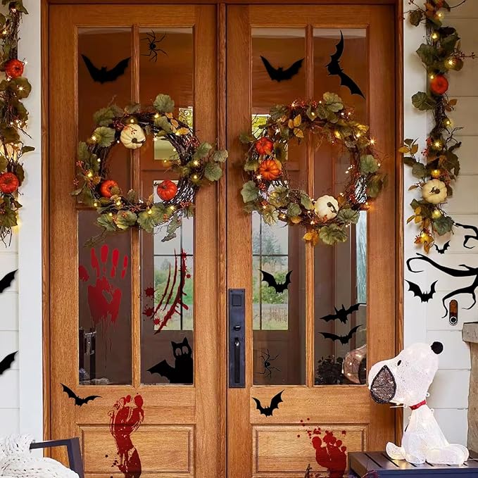 HLNIUC Gothic Style Halloween Wall Decal 45PCS Halloween Bloody Handprint Footprint Scary Indoor Decoration Horrible Bat Cat Halloween Window Clings Happy Halloween Room Wall Stickers for Kid Bedroom
