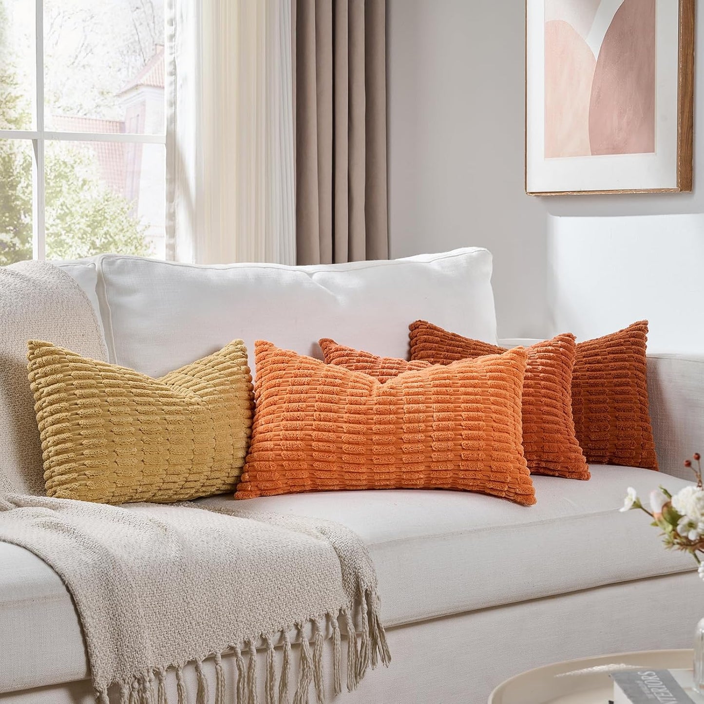 Fancy Homi Set of 4 Burnt Orange Fall Lumbar Rectangle Decorative Throw Pillow Covers 16x24 Inch for Couch Bed Chair, Aesthetic Boho Room Decor, Soft Fuzzy Thick Corduroy Textured Cushion Case 40x60cm