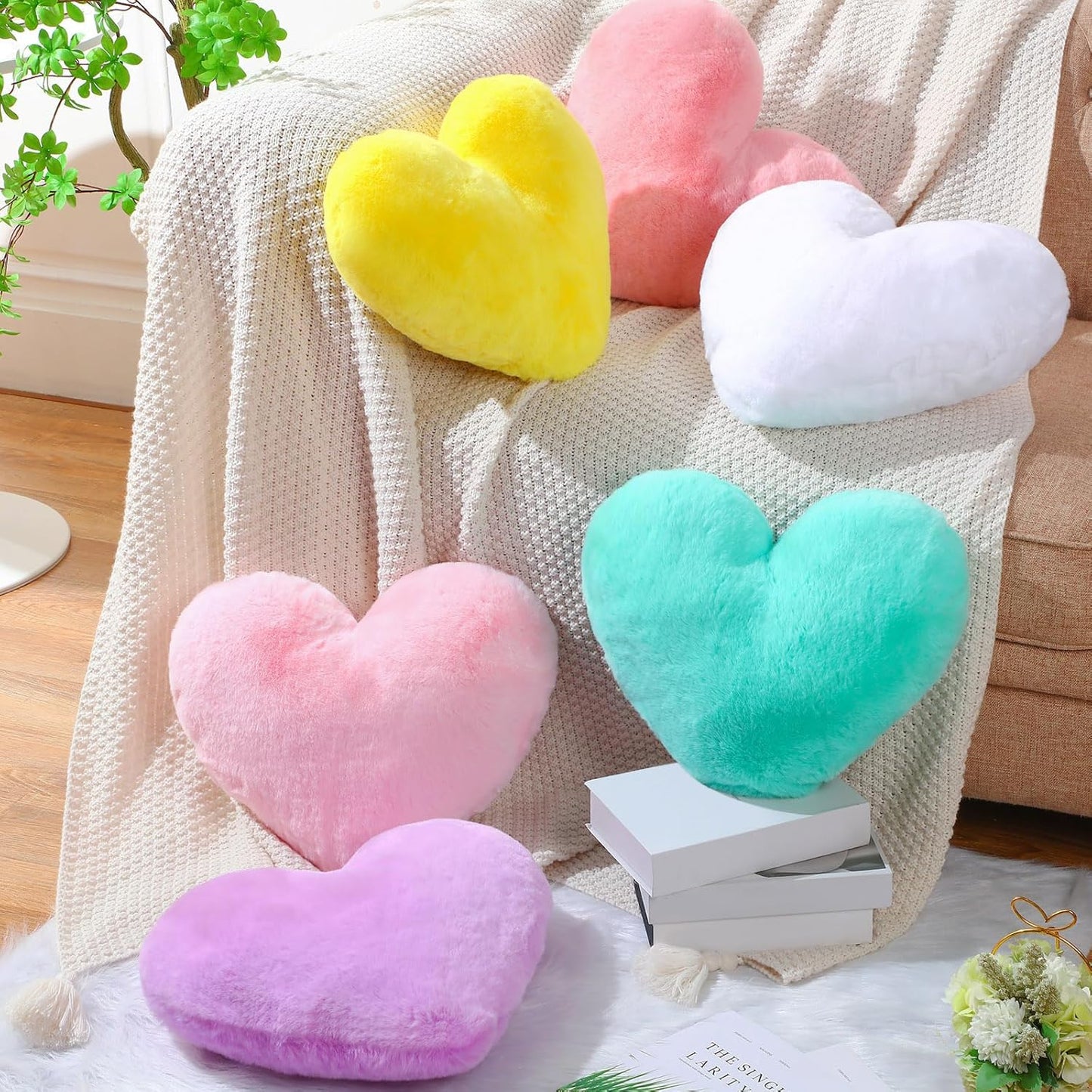 Liliful 6 Pcs Faux Rabbit Fur Heart Pillows Helloween Fluffy Heart Throw Pillows Christmas Cute Couch Cushion Soft Decorative Throw Cushion for Bed Sofa Girls Women(17 x 14 Inch,Candy Color)