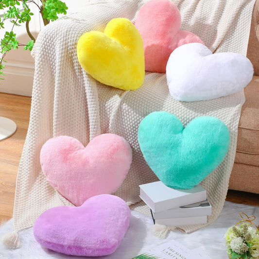 Liliful 6 Pcs Faux Rabbit Fur Heart Pillows Helloween Fluffy Heart Throw Pillows Christmas Cute Couch Cushion Soft Decorative Throw Cushion for Bed Sofa Girls Women(17 x 14 Inch,Candy Color)