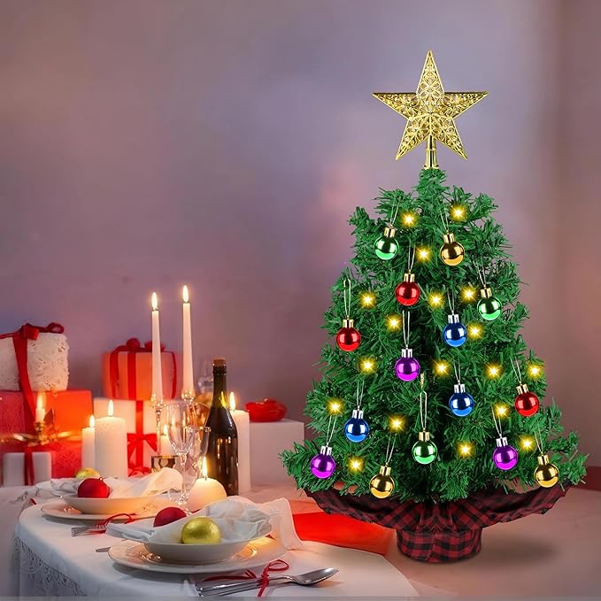 [ 8 Modes & Timer] 2 Ft Tabletop Christmas Tree with LED Lights, Mini Artificial Christmas Tree Battery Operated Small Xmas Tree with Ball & Star Topper for Indoor Home Office Holiday Party Decor