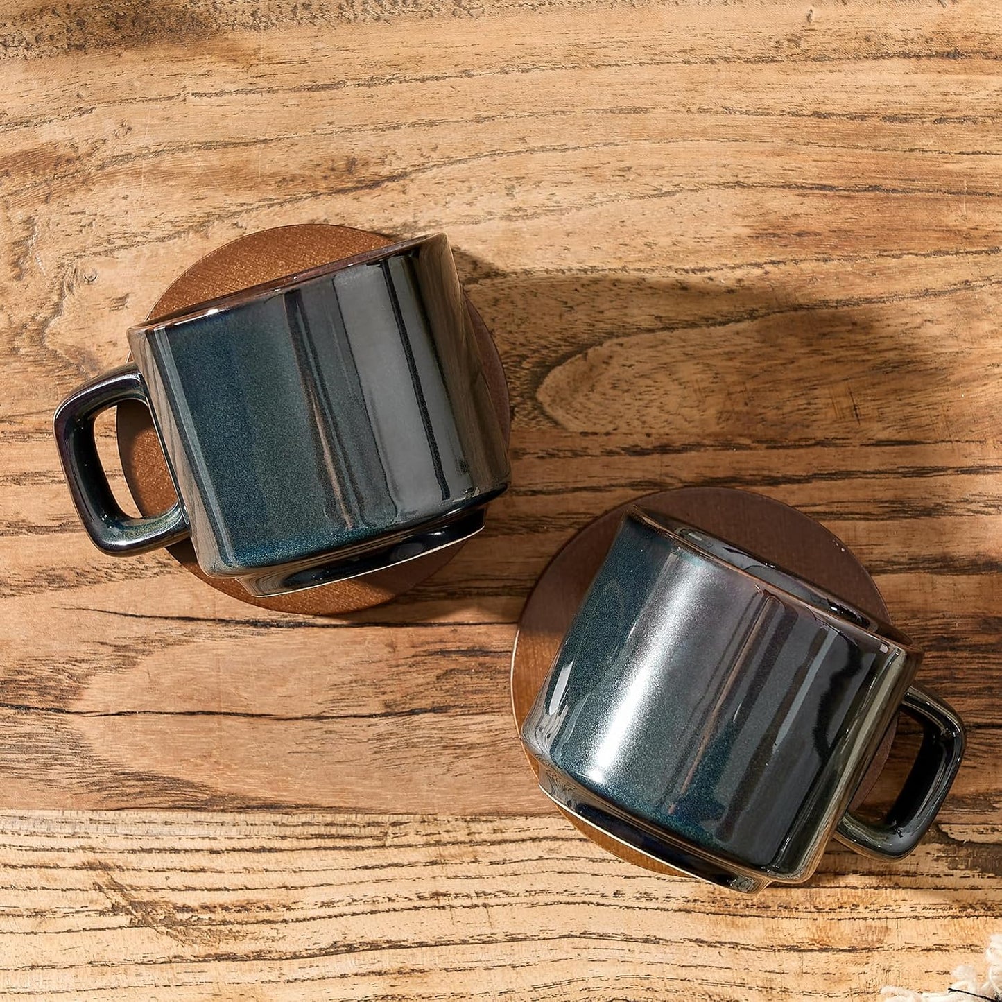 LUKA Porcelain Stackable Espresso Cups with Saucers and Metal Stand, 4 Ounce Small Ceramic Demitasse Cups Set for Latte, Specialty Coffee Drinks, Cafe Mocha,Tea - Set of 4, Reactive Dark Green