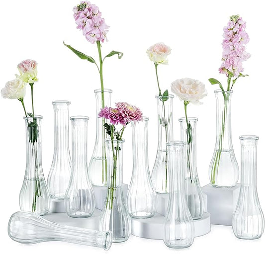 NUPTIO Glass Bud Vases Centerpiece: 12 Pcs Small Flower Vase for Wedding in Bulk - Cute Clear Ribbed Vase for Party Events Home Table Decor