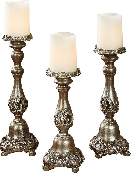 Touch of Class Victoria Acanthus Leaf Candleholders Set of 3 - Resin - Metallic Bronze, Silver - Candlesticks for Bedroom, Living Room, Mantel, Dining Room, Entryway, Foyer
