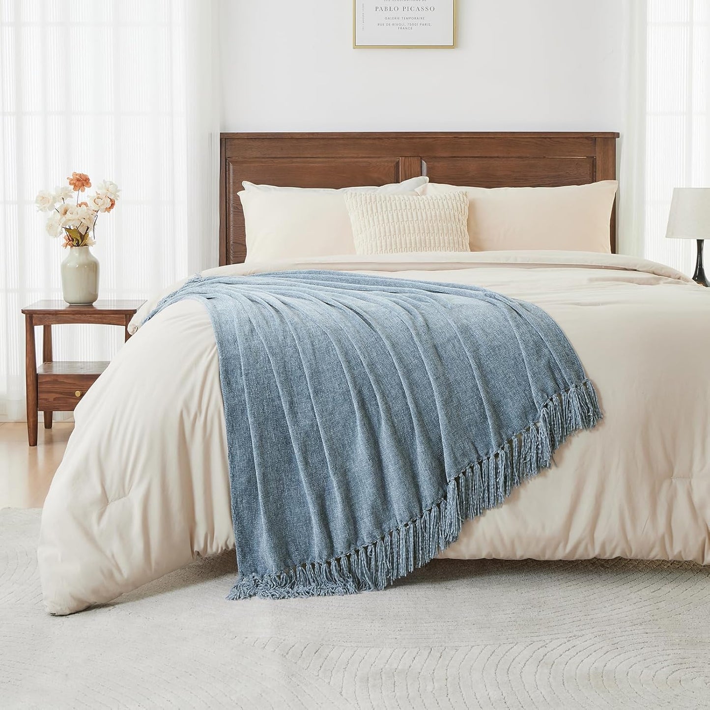 CozeCube Chenille Throw Blanket for Couch, Cozy Plush Fuzzy Decorative Dusty Blue Blanket with Fringe Tassels, Lightweight Throws for Bed Sofa Gift Home Decor, 60"X80"