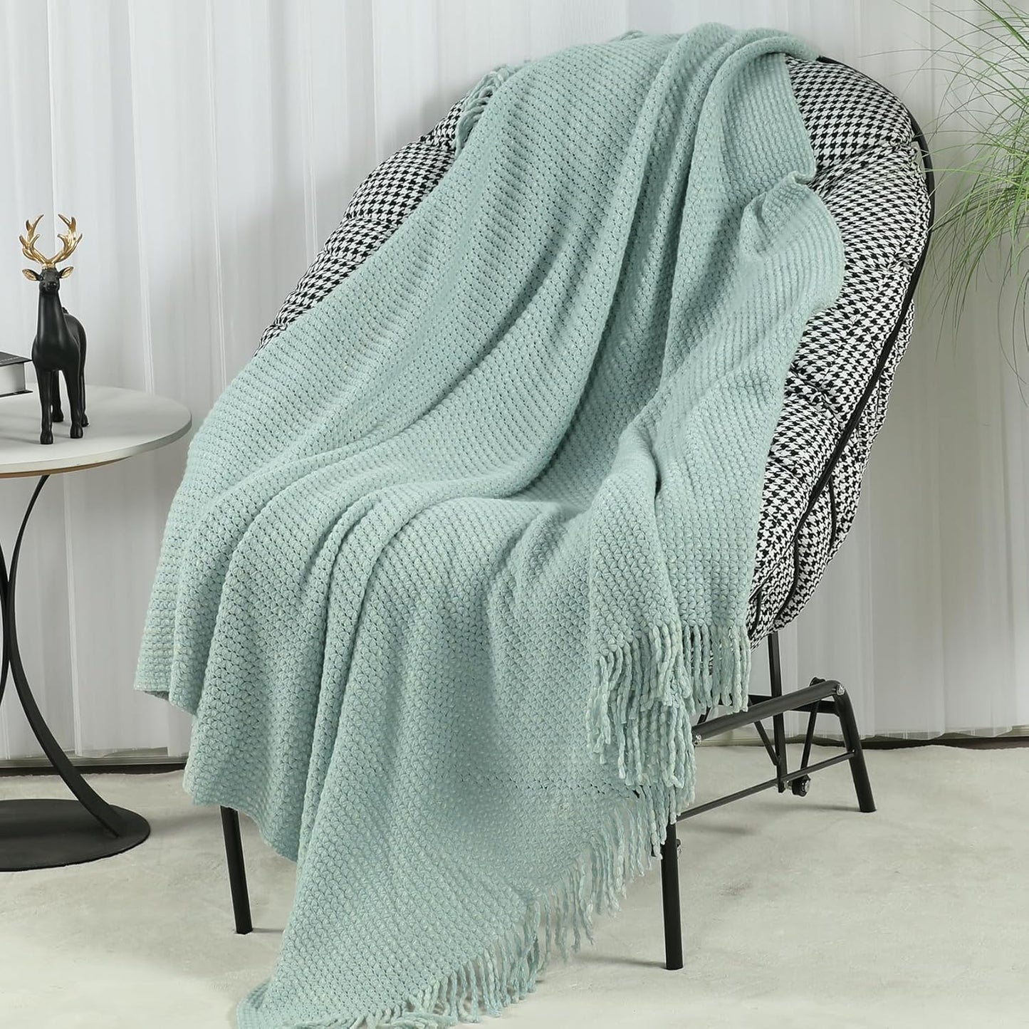 Blagic Knitted Throw Blanket for Couch, Soft Farmhouse Throw Blanket with Tassels,Home Decorative Lightweight Blankets,Spring Throws for Bed/Chair/Sofa,Wheat Textured (Light Blue&White,50" W x 60" L)