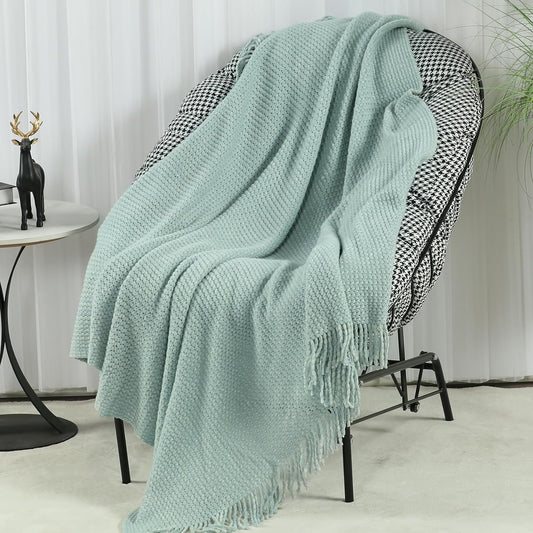 Blagic Knitted Throw Blanket for Couch, Soft Farmhouse Throw Blanket with Tassels,Home Decorative Lightweight Blankets,Spring Throws for Bed/Chair/Sofa,Wheat Textured (Light Blue&White,50" W x 60" L)