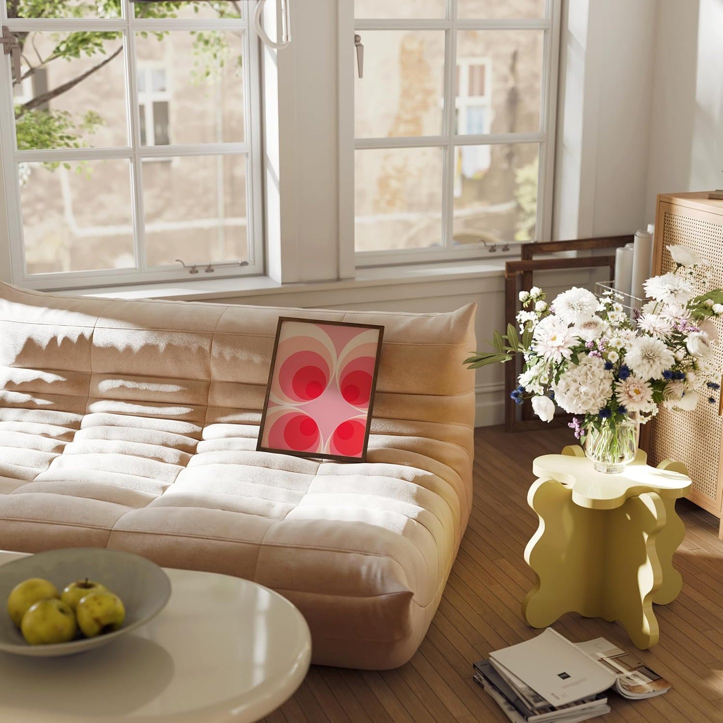 HAUS AND HUES Colorful Abstract Wall Art - Minimalist Retro Picture for Living Room Decor, Red and Pink Modern Wall Art Painting (Pink Mod, Walnut Frame, 11x14)