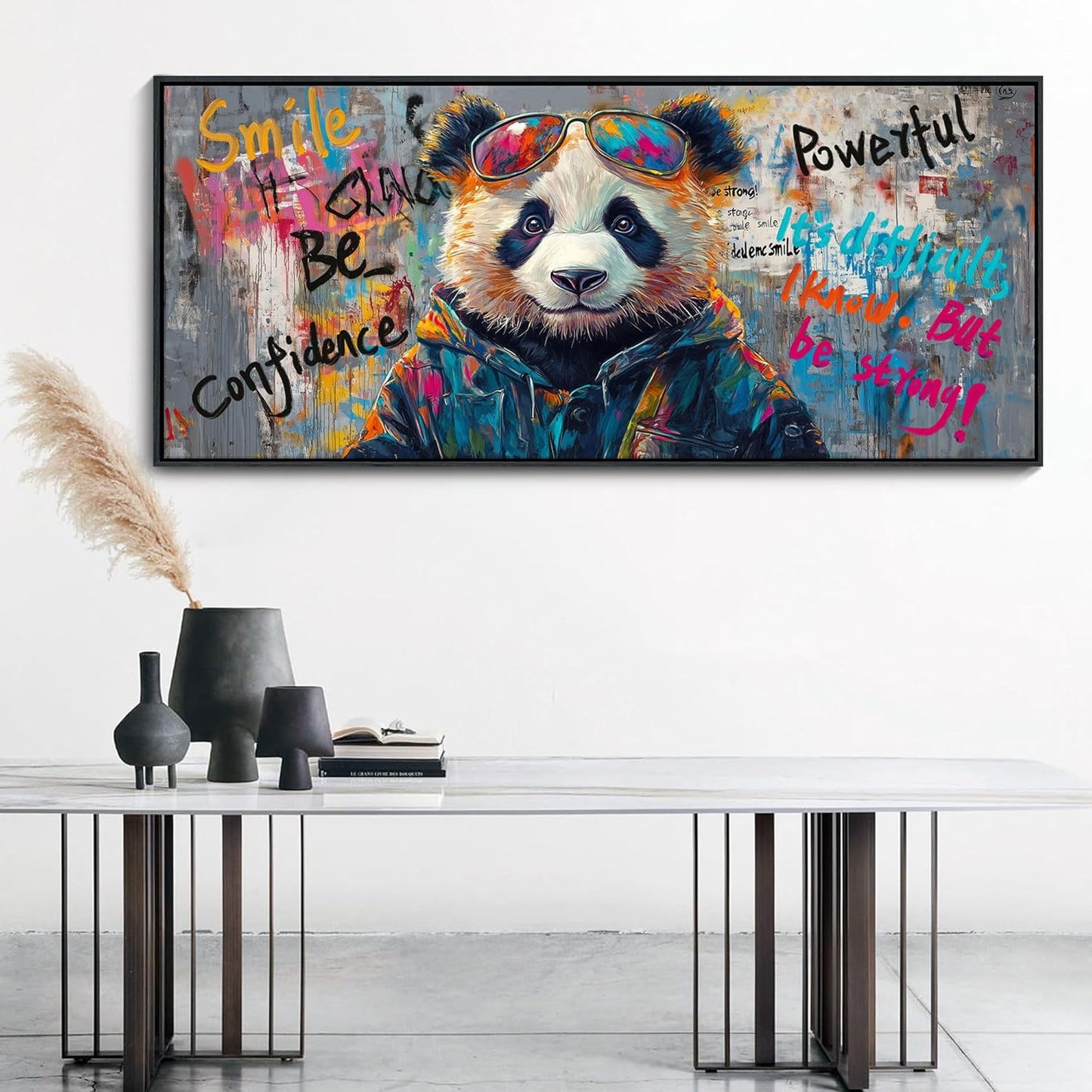 JEAWA Framed Canvas Wall Art - Extra Large Panda Abstract Graffiti Street Art Wall Picture Black and White Paintings Ready to Hang Living Room Bedroom Home Office Inspirational Decor 31.5x70 IN