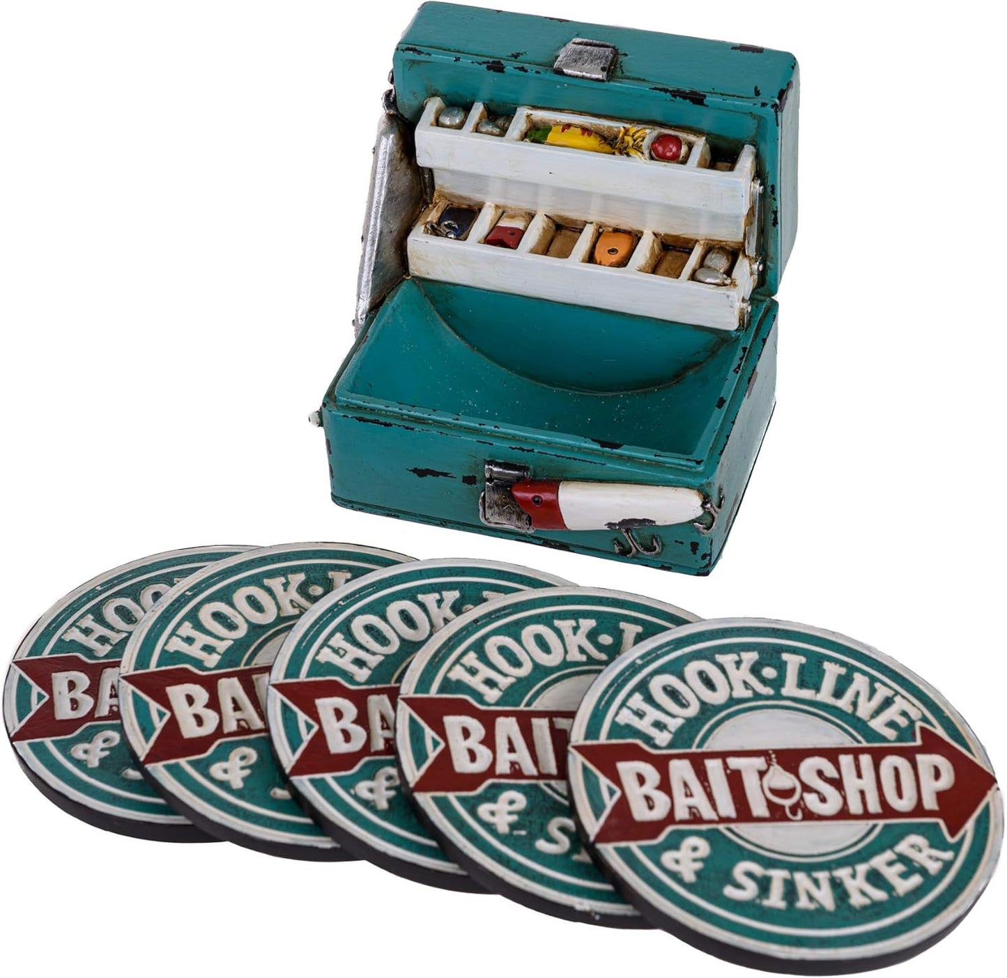 Hook Line & Sinker Bait Shop Rustic Drink Coasters with Holder - Set of 5