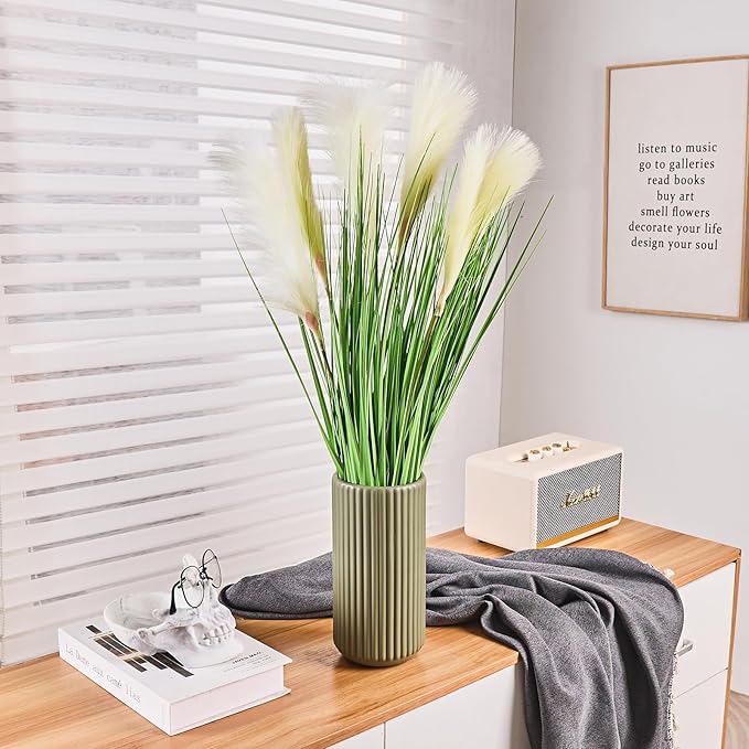 Green Ceramic Flower Vase for Pampas Grass, 10 inch Large Decorative Centerpiece Ribbed Vase for Dining Table, Office Desktop, Shelf Bookshelf, Mantel, Entryway, Bathroom, Countertop, Farmhouse, Gift