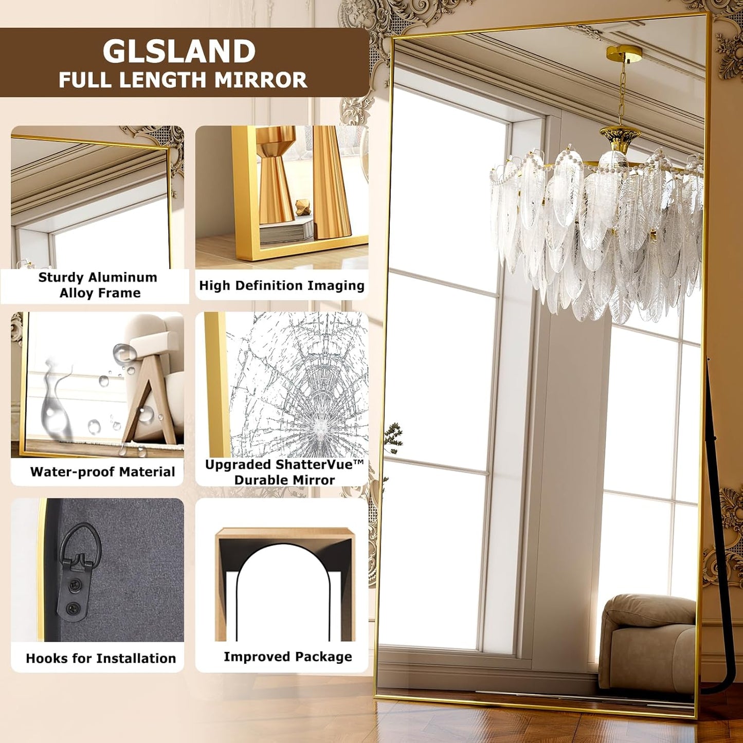 GLSLAND-38 x 77" Rectangular Full Length Mirror - Large Floor Mirrors Aluminum Alloy Frame Full Body Dressing Mirror for Bedroom, Living Room,Gold