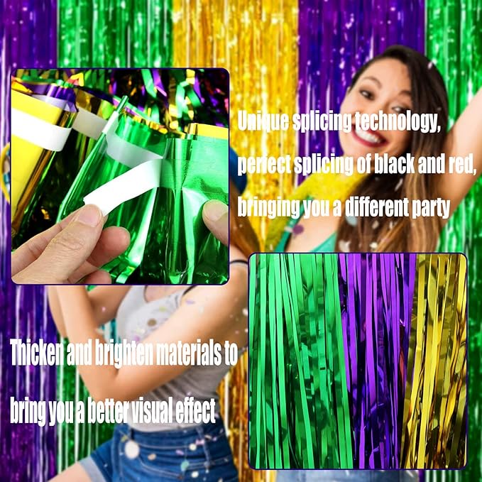 4 Pack Mardi Gras Foil Fringe Curtain Backdrop, 3.28Ft x 9.8Ft Gold Green Purple Metallic Tinsel Foil Fringe Streamers Curtains for Photo Booth, Wedding, Birthday, Carnival Party Decoration
