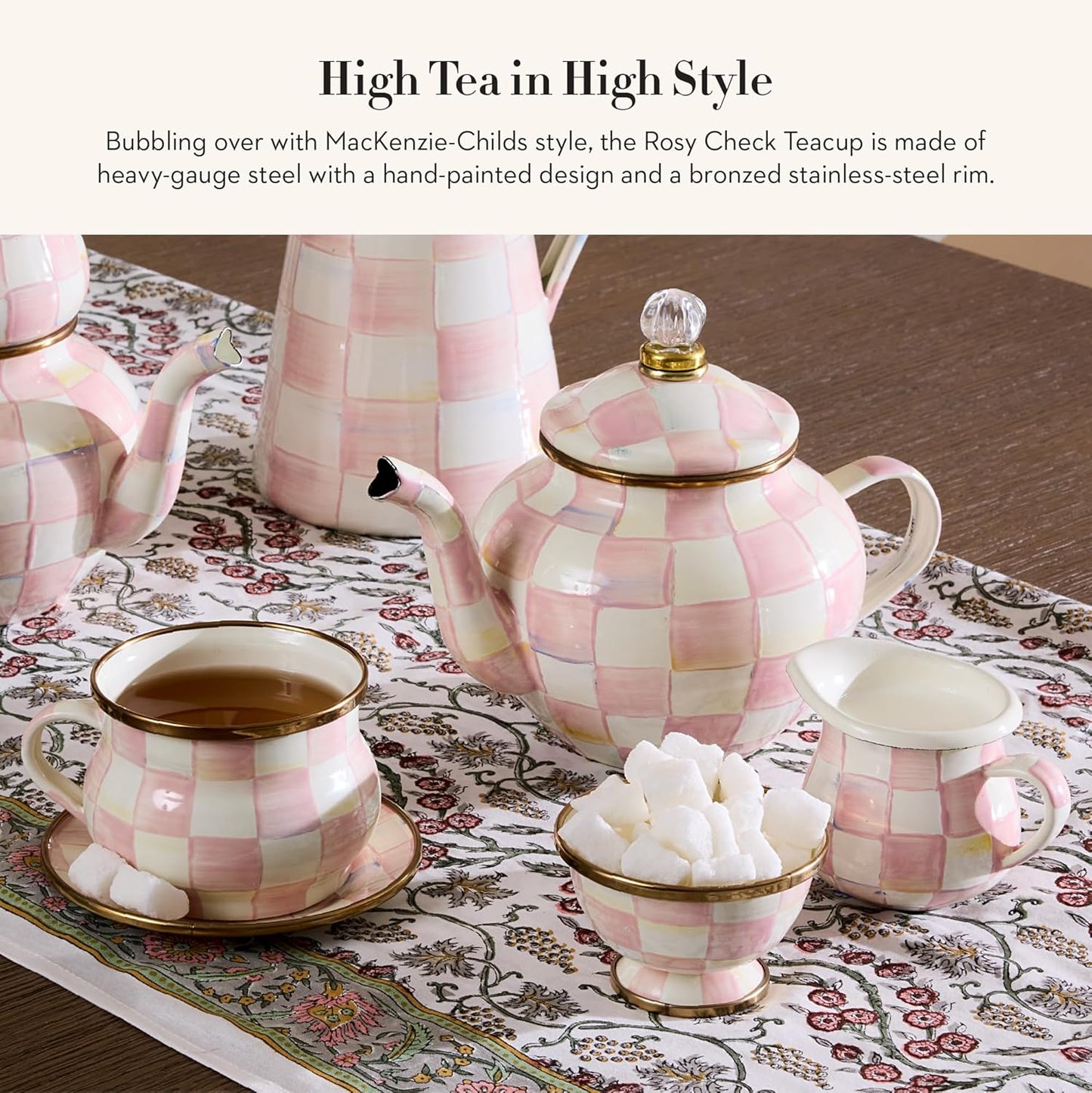 MACKENZIE-CHILDS Enamel Teacup, Unique Coffee and Tea Mug, Enamel Cup for Hot Tea, 10 Ounces, Pink-and-White Rosy Check