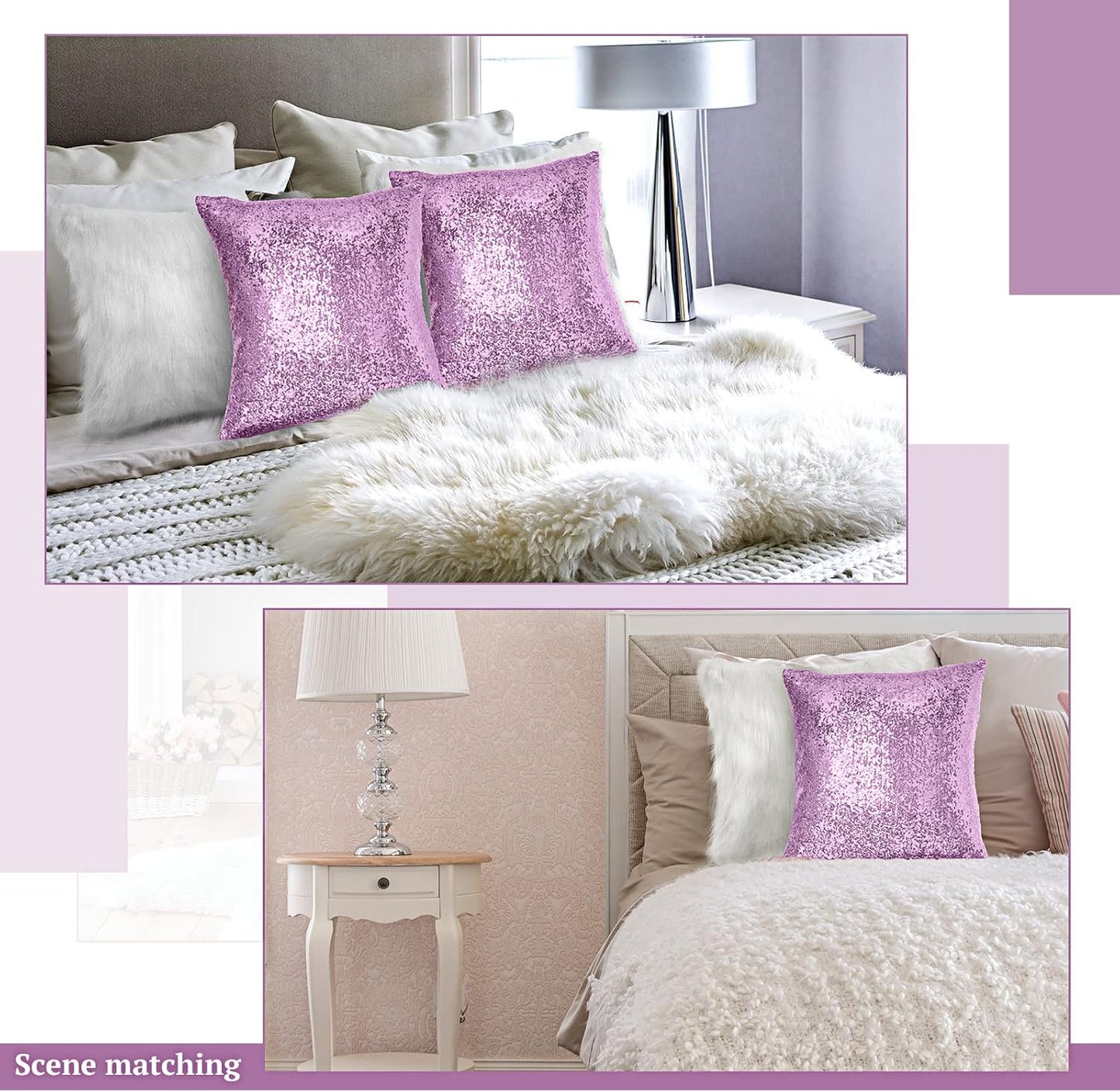 Irenare 4 Pcs Sequin and Fluffy Pillow Covers Winter Throw Pillow Cases Soft Cushion Cover for Couch Bed Sofa Xmas Day(18 x 18 Inch,Purple, White,)