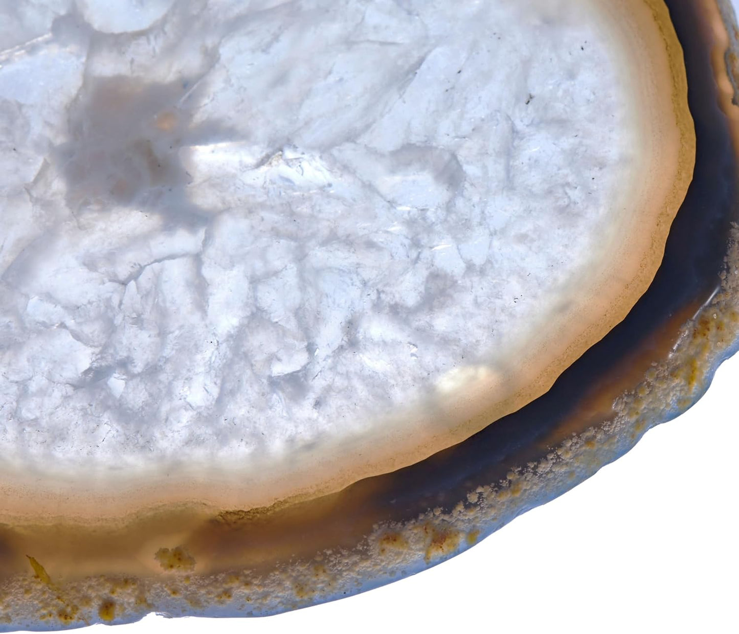 Luxury Lane Set of 4 Large Natural Brazilian Agate Slice Geode Rock Stone Drink Coasters with Wood Holder 4.3-4.7 inch Centerpiece Table Decoration, Ash Gray