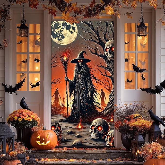 IVN Halloween Door Cover Grim Reaper Witch Scythe Skulls Full Moon Haunted Decor Doors Banner 35x71 Inch Backdrop Decoration for Spooky Events For Girls or boys gifts Banners Dedcrations
