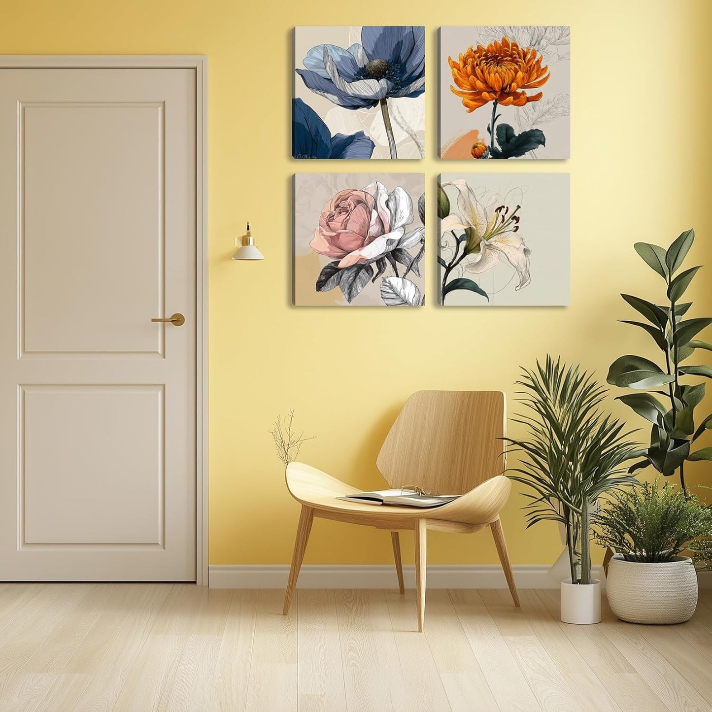 Framed Botanical Wall Art for Living Room Rustic Boho Floral Canvas Paintings Prints Flower Pictures for Farmhouse Hallway Bedroom Dining Room Bathroom Office Wall Decor ArtWork for Wall