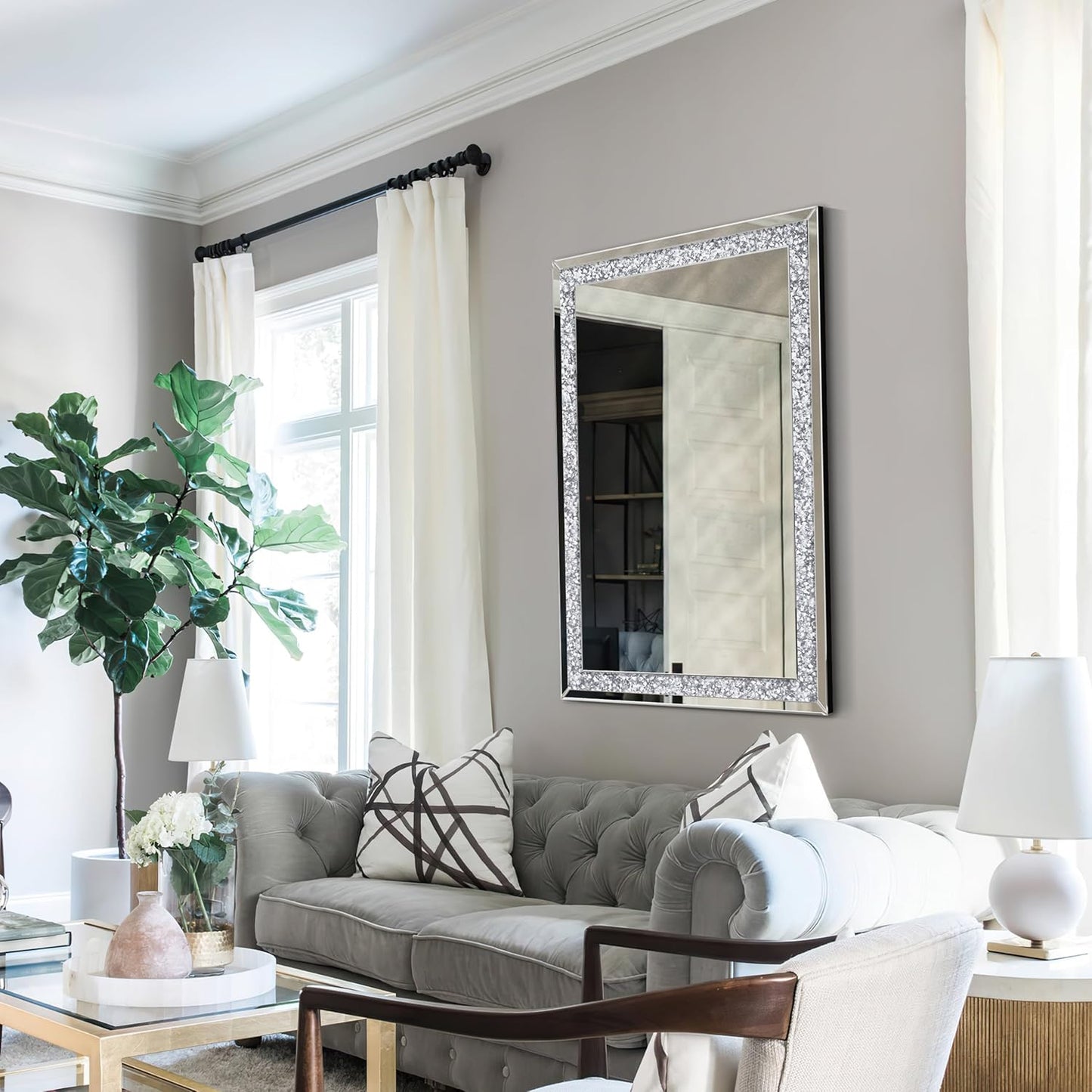 Crystal Crush Diamond Mirror-46.5"x31" Silver Mirror, Gorgeous Wall Mirror, Rectangle Mirrors for Wall Bathroom, Bedroom, Dining Room and Living Room