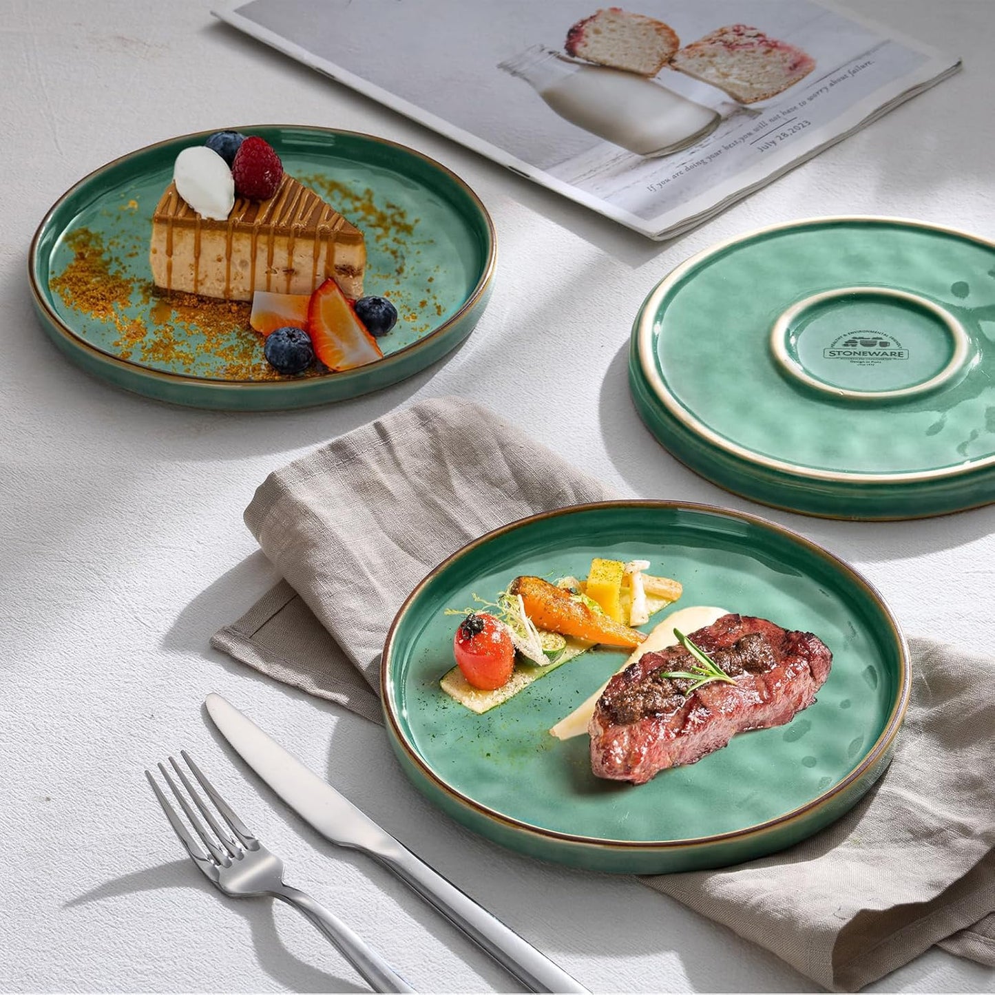 LIANYU Ceramic Dessert Plates Set of 6, 7.9 Inch Kitchen Dinner Plates Set, Porcelain Serving Dishes for Cake, Bread, Salad, Snack and Steak, Microwave, Oven and Dishwasher Safe, Emerald Green