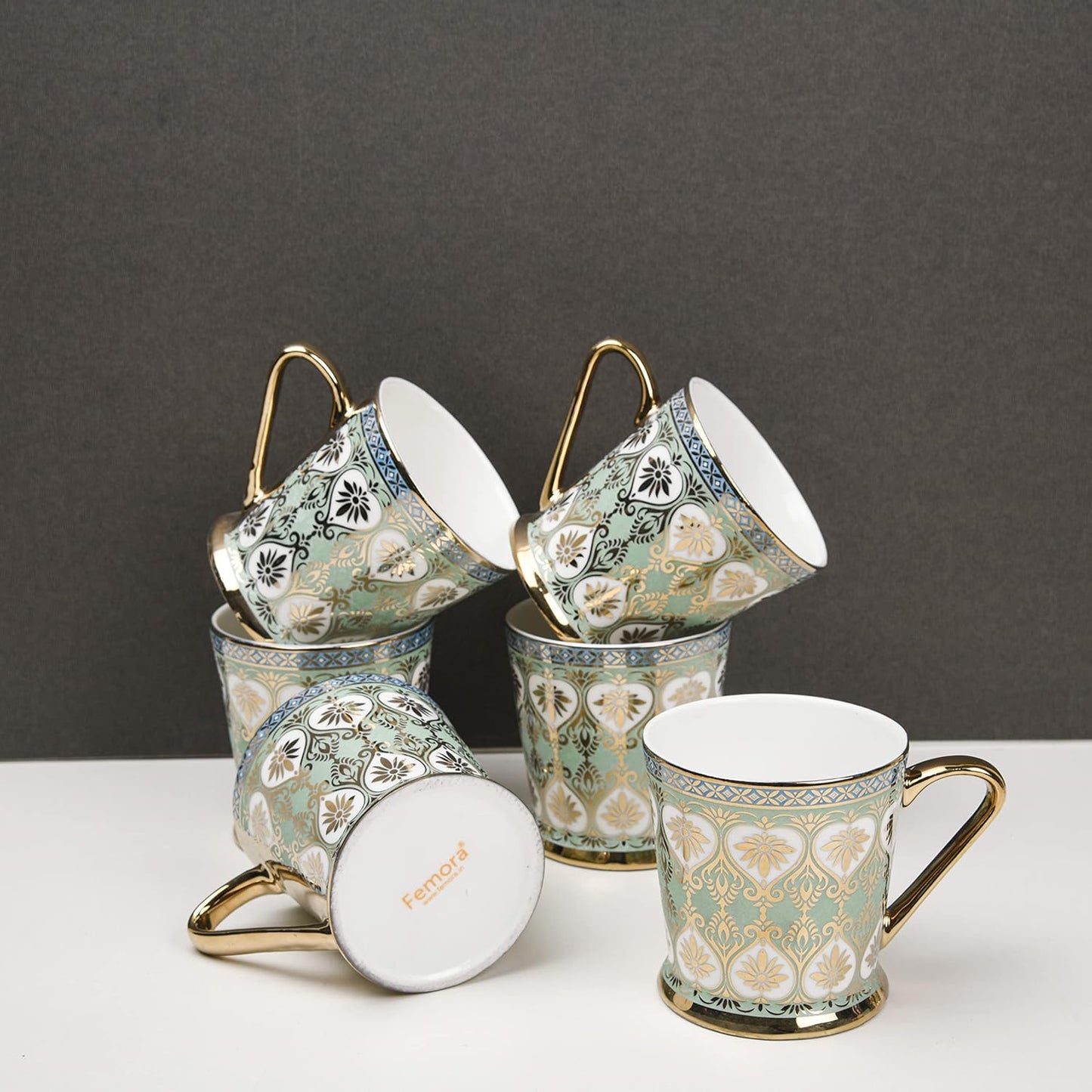 Handcrafted Ceramic Coffee Mugs - Indian Golden Tea Set of 6 (5.5 oz), Cappuccino & Latte Cups, Porcelain Tea Set