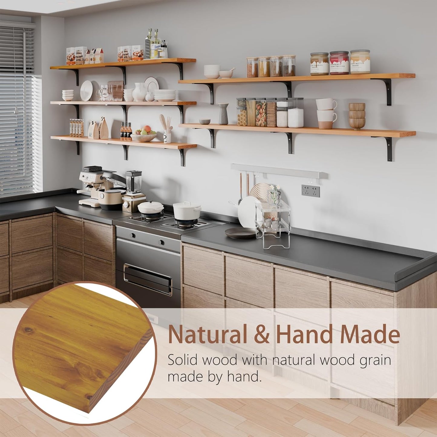 Long Floating Shelf for Wall 72 inch,Long Shelves Set of 5,Large Wall Mounted Bookshelf with Heavy Duty Brackets (Orange Brown, 72 Inch)