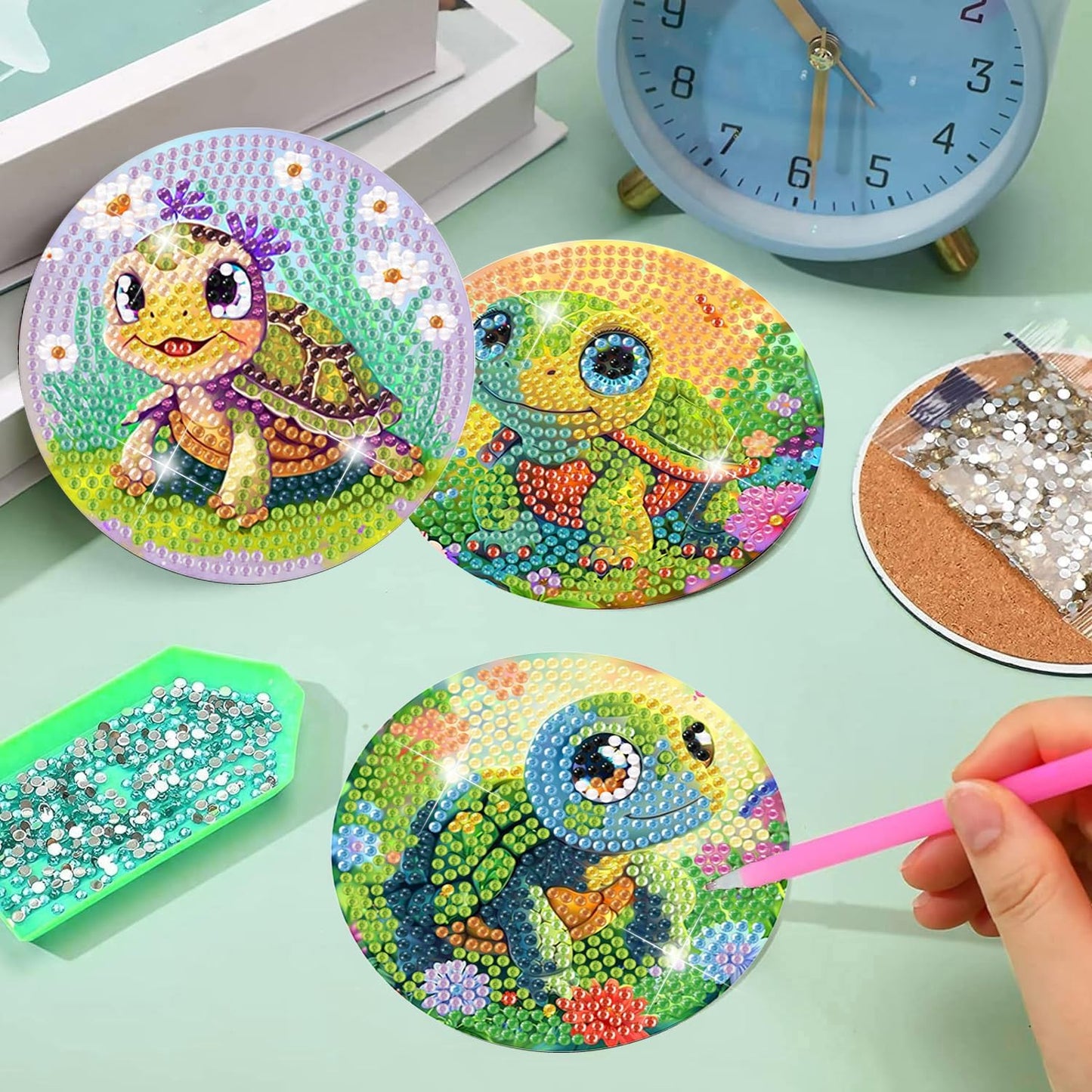 Meothan 8 Pcs Diamond Art Coasters Kits for Adults Diamond Painting Coasters Kits for Adults with Holder Cork Pads DIY Cute Sea Turtle Diamond Art Dotz Painting Coasters Crafts Set 4x4in (Animals)